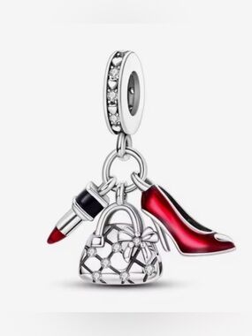 Silver, Red & Black Lipstick, Purse & High Heel Dangle Charm